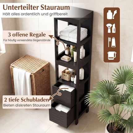 Bathroom Tall Cabinet, Black MDF, 2 Drawers, 3 Shelves