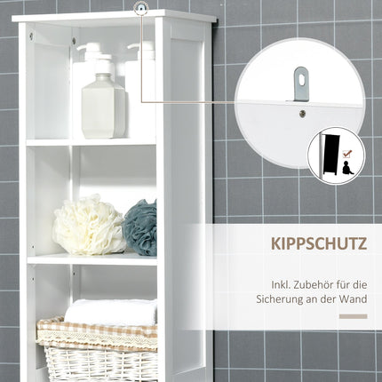 Hoher, weißer Badezimmerschrank – freistehend, verstellbare Einlegeböden