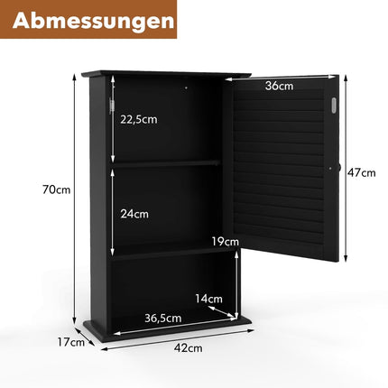 Badezimmer-Wandschrank, verstellbare Einlegeböden, schwarzes MDF