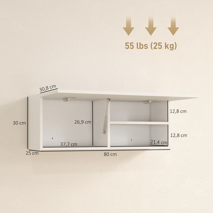 Bathroom Wall Cabinet, Lift-Up Door, Gas Strut, 80x25x30 cm, White