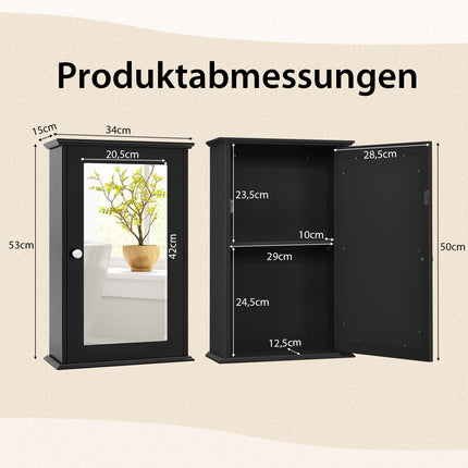 Bathroom Wall Cabinet with Mirror, Adjustable Shelf, Black