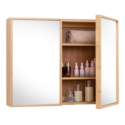 Badezimmer-Wandschrank mit Spiegel, zweitürig, Bambus