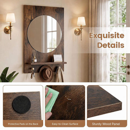 Bathroom Wall Mirror with Storage Shelf and 3 Hooks, Rustic Brown, 34 cm Round