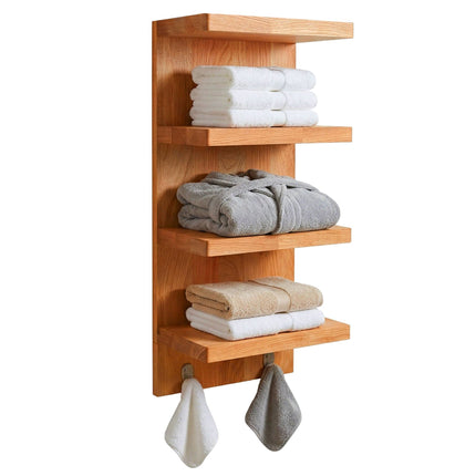 Bathroom Wall Shelf, Walnut & Steel, 4 Shelves, 2 Hooks