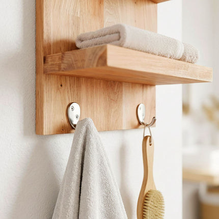 Bathroom Wall Shelf, Walnut & Steel, 4 Shelves, 2 Hooks