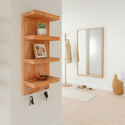 Bathroom Wall Shelf, Walnut & Steel, 4 Shelves, 2 Hooks