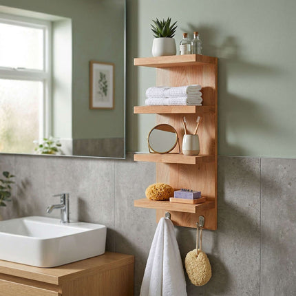 Bathroom Wall Shelf, Walnut & Steel, 4 Shelves, 2 Hooks