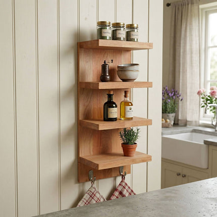 Bathroom Wall Shelf, Walnut & Steel, 4 Shelves, 2 Hooks