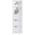 Tall white bathroom cabinet with drawers and open shelves