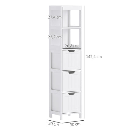 Hoher weißer Badezimmerschrank mit Schubladen und offenen Fächern