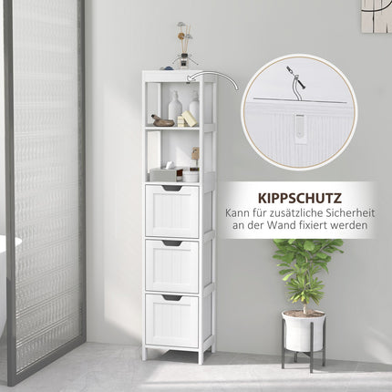 Hoher weißer Badezimmerschrank mit Schubladen und offenen Fächern