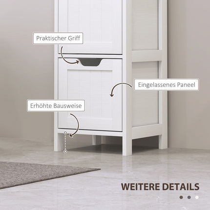 Hoher weißer Badezimmerschrank mit Schubladen und offenen Fächern