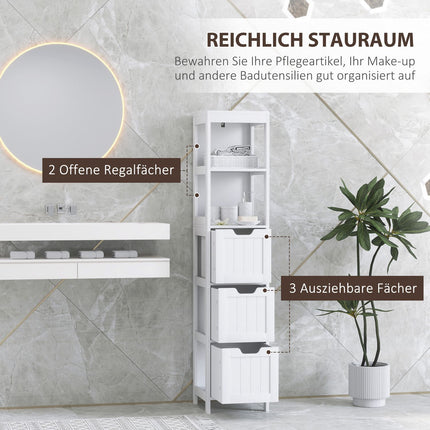 Hoher weißer Badezimmerschrank mit Schubladen und offenen Fächern