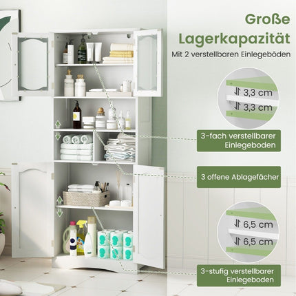 Bathroom cabinet, free-standing tall cabinet with 4 doors and shelves, white, 60 x 30 x 148.5 cm