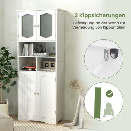 Bathroom cabinet, free-standing tall cabinet with 4 doors and shelves, white, 60 x 30 x 148.5 cm