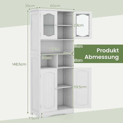 Bathroom cabinet, free-standing tall cabinet with 4 doors and shelves, white, 60 x 30 x 148.5 cm