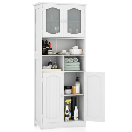 Bathroom cabinet, free-standing tall cabinet with 4 doors and shelves, white, 60 x 30 x 148.5 cm