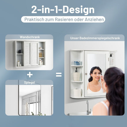 Meuble de salle de bain avec miroir, 4 compartiments et 6 étagères ouvertes, meuble de salle de bain, armoire à glace, armoire murale, blanc, 65 x 17 x 63 cm