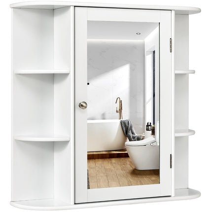 Meuble de salle de bain avec miroir, 4 compartiments et 6 étagères ouvertes, meuble de salle de bain, armoire à glace, armoire murale, blanc, 65 x 17 x 63 cm