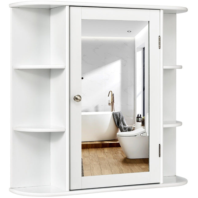 Bathroom cabinet with mirror, 4 compartments and 6 open shelves, bathroom cabinet, mirror cabinet, wall cabinet, white, 65 x 17 x 63 cm