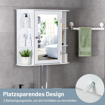 Meuble de salle de bain avec miroir, 4 compartiments et 6 étagères ouvertes, meuble de salle de bain, armoire à glace, armoire murale, blanc, 65 x 17 x 63 cm