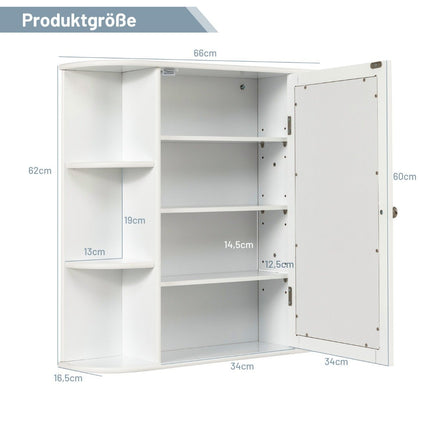 Meuble de salle de bain avec miroir, 4 compartiments et 6 étagères ouvertes, meuble de salle de bain, armoire à glace, armoire murale, blanc, 65 x 17 x 63 cm