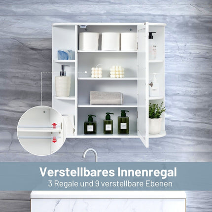 Meuble de salle de bain avec miroir, 4 compartiments et 6 étagères ouvertes, meuble de salle de bain, armoire à glace, armoire murale, blanc, 65 x 17 x 63 cm