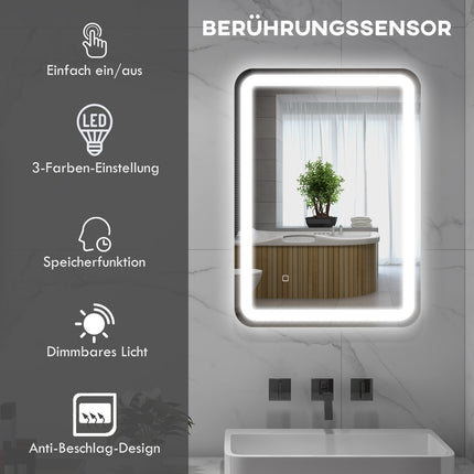 LED-Badezimmerspiegel, 50x70cm, Antibeschlag, Touch-Schalter