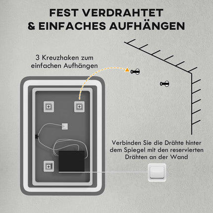LED-Badezimmerspiegel, 50x70cm, Antibeschlag, Touch-Schalter