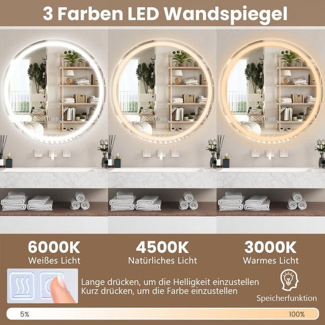 Badezimmerspiegel mit Antibeschlag Uhr Touchschalter &amp; Memoryfunktion Spiegelheizung LED Spiegel dimmbar 3000K-6000K 60 x 60 cm