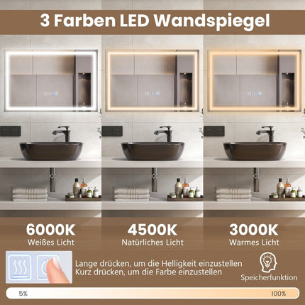Miroir de salle de bain avec horloge antibuée, interrupteur tactile et fonction mémoire, miroir chauffant, miroir LED dimmable 3000K-6000K 75 x 50 cm