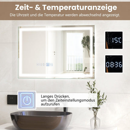 Miroir de salle de bain avec horloge antibuée, interrupteur tactile et fonction mémoire, miroir chauffant, miroir LED dimmable 3000K-6000K 75 x 50 cm