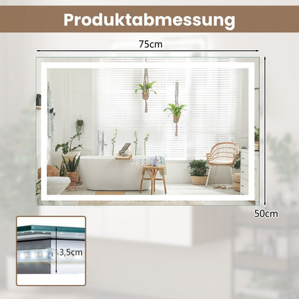Miroir de salle de bain avec horloge antibuée, interrupteur tactile et fonction mémoire, miroir chauffant, miroir LED dimmable 3000K-6000K 75 x 50 cm