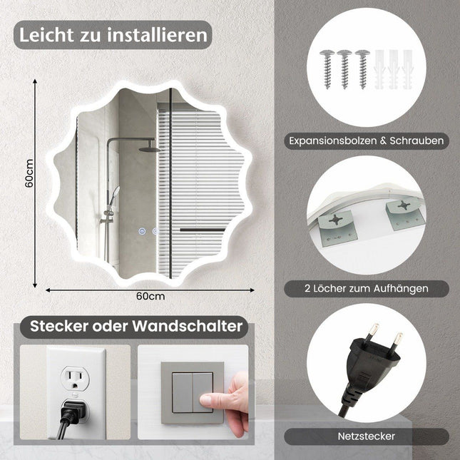 Badspiegel mit Antibeschlagspiegel Heizung Wellendesign LED Spiegel Wandspiegel 60x60cm