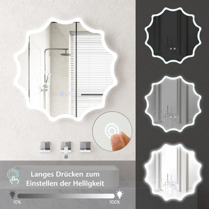 Koupelnové LED nástěnné zrcadlo s vyhříváním proti zamlžení, vlnitý design, 60 x 60 cm
