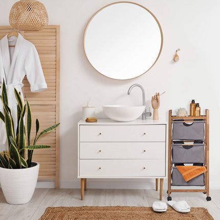 Bathroom shelf with 3 laundry baskets gray