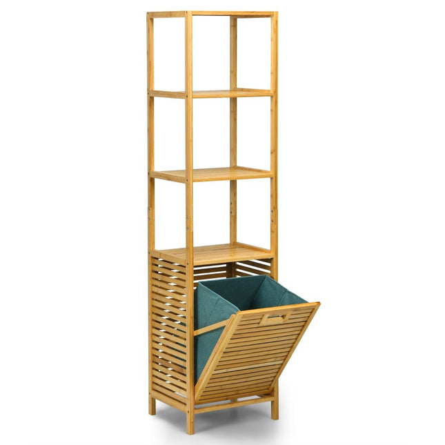 Badezimmer Hochschrank mit Wäschekorb aus Bambus mit Ablagen ideal fürs Badezimmer 40 x 33 x 160 cm Natur