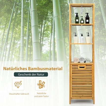 Badezimmer Hochschrank mit Wäschekorb aus Bambus mit Ablagen ideal fürs Badezimmer 40 x 33 x 160 cm Natur