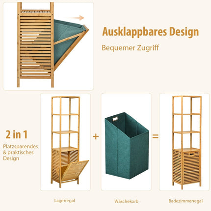 Badezimmer Hochschrank mit Wäschekorb aus Bambus mit Ablagen ideal fürs Badezimmer 40 x 33 x 160 cm Natur