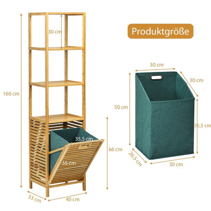Badezimmer Hochschrank mit Wäschekorb aus Bambus mit Ablagen ideal fürs Badezimmer 40 x 33 x 160 cm Natur