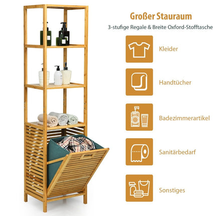 Badezimmer Hochschrank mit Wäschekorb aus Bambus mit Ablagen ideal fürs Badezimmer 40 x 33 x 160 cm Natur