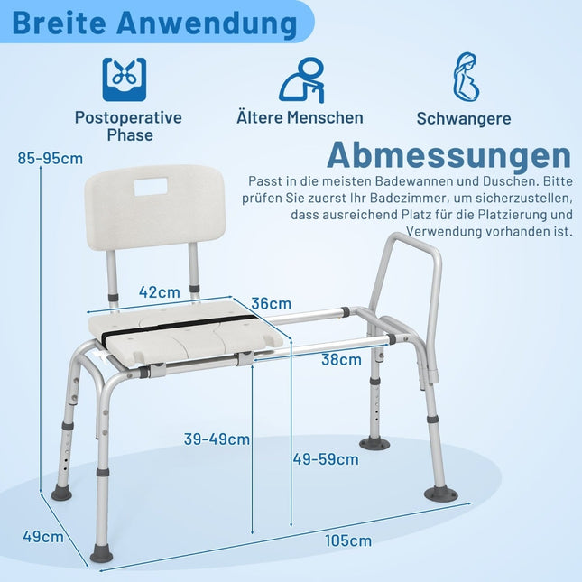 Badewannen-Transferbank, höhenverstellbar, breiter Sitz, Sicherheitsgurt
