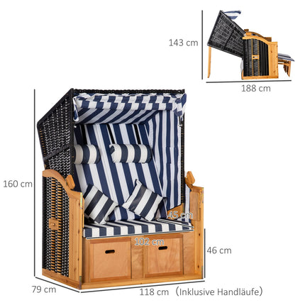 Doppelsonnenliege mit Dach, Getränkehalter, PE-Rattan