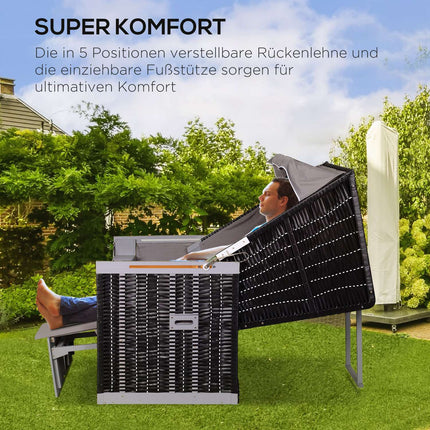 Doppelliegen-Sonnenliege, PE-Rattan, Getränkehalter, grau