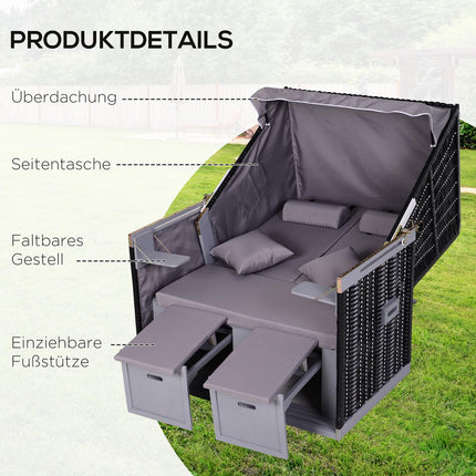 Doppelliegen-Sonnenliege, PE-Rattan, Getränkehalter, grau