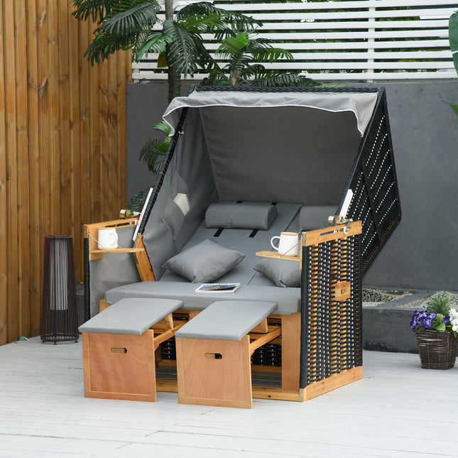 Verstellbarer Gartenstuhl mit Getränkehalter, hellgraues Rattan