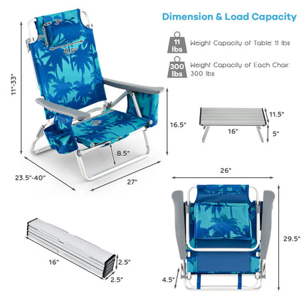 Strandstuhl-Set, 2er-Pack Liege-Rucksackstühle mit Tisch