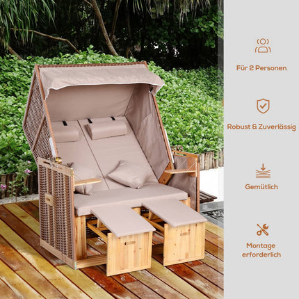 Beiges PE-Rattan-Strandstuhlset mit Hocker & Tisch, 118x79x160 cm