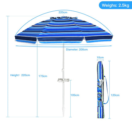 Beach Umbrella 220 cm, Tilt Canopy, Cup Holder, Carry Bag