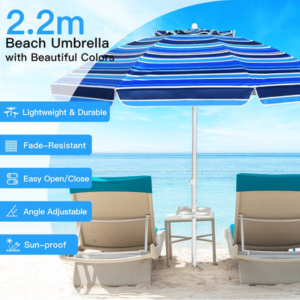 Beach Umbrella 220 cm, Tilt Canopy, Cup Holder, Carry Bag